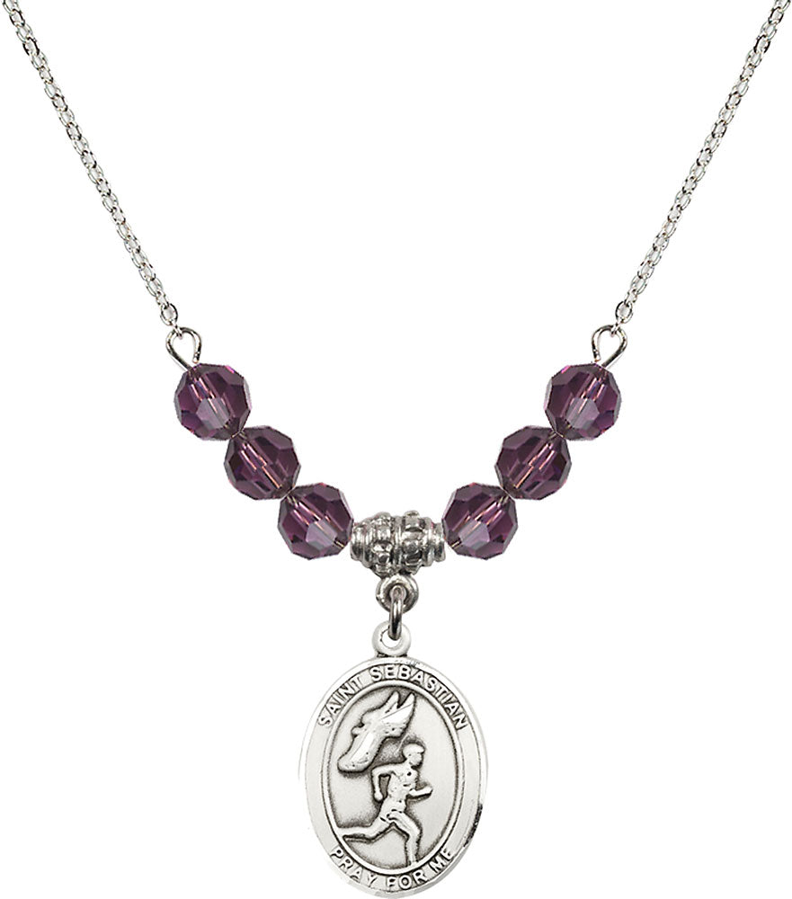 Sterling Silver Saint Sebastian /Track&Field-Men Birthstone Necklace with Amethyst Beads - 8609
