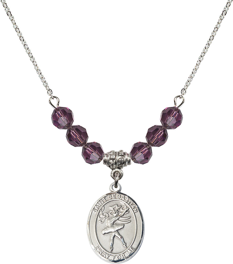 Sterling Silver Saint Sebastian / Dance Birthstone Necklace with Amethyst Beads - 8612