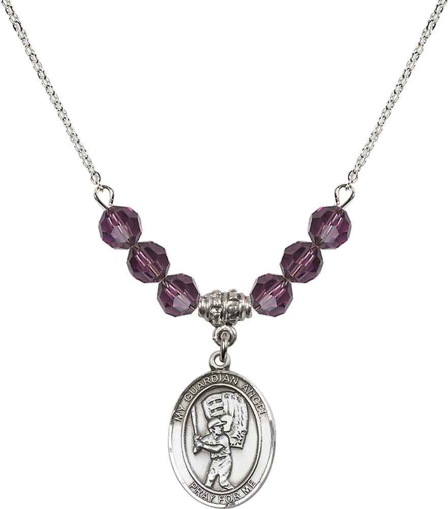 Sterling Silver Guardian Angel/Baseball Birthstone Necklace with Amethyst Beads - 8700
