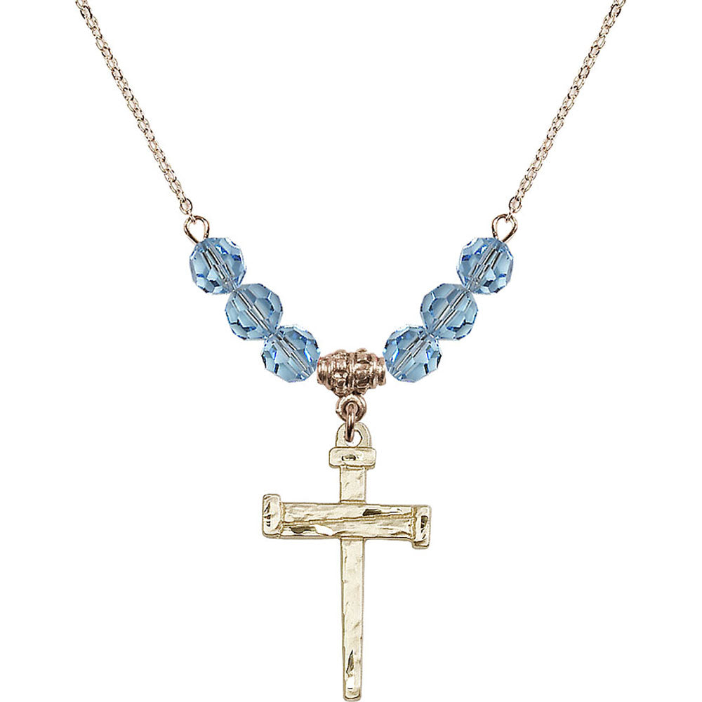 14kt Gold Filled Nail Cross Birthstone Necklace with Aqua Beads - 0013