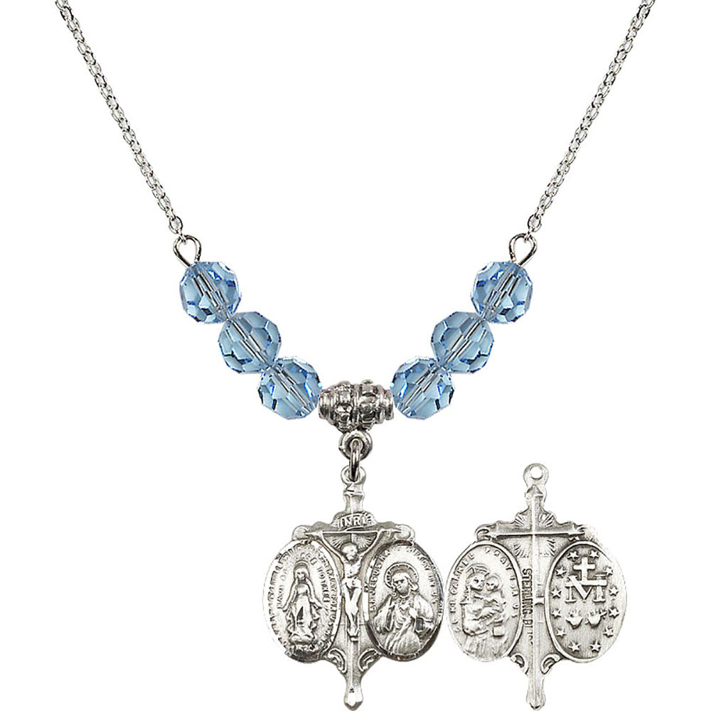 Sterling Silver Novena Birthstone Necklace with Aqua Beads - 0021