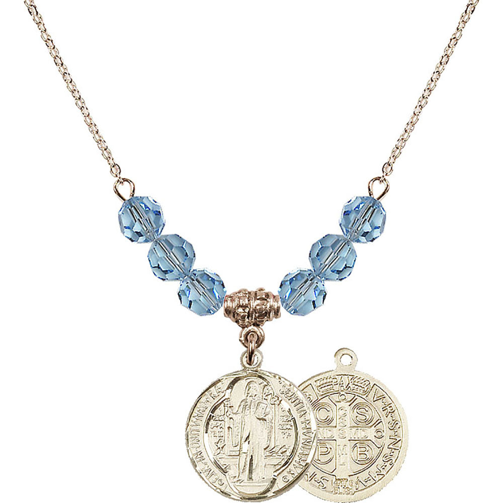 14kt Gold Filled Saint Benedict Birthstone Necklace with Aqua Beads - 0026