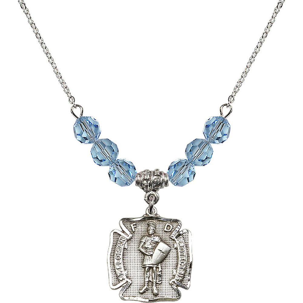 Sterling Silver Saint Florian Birthstone Necklace with Aqua Beads - 0070