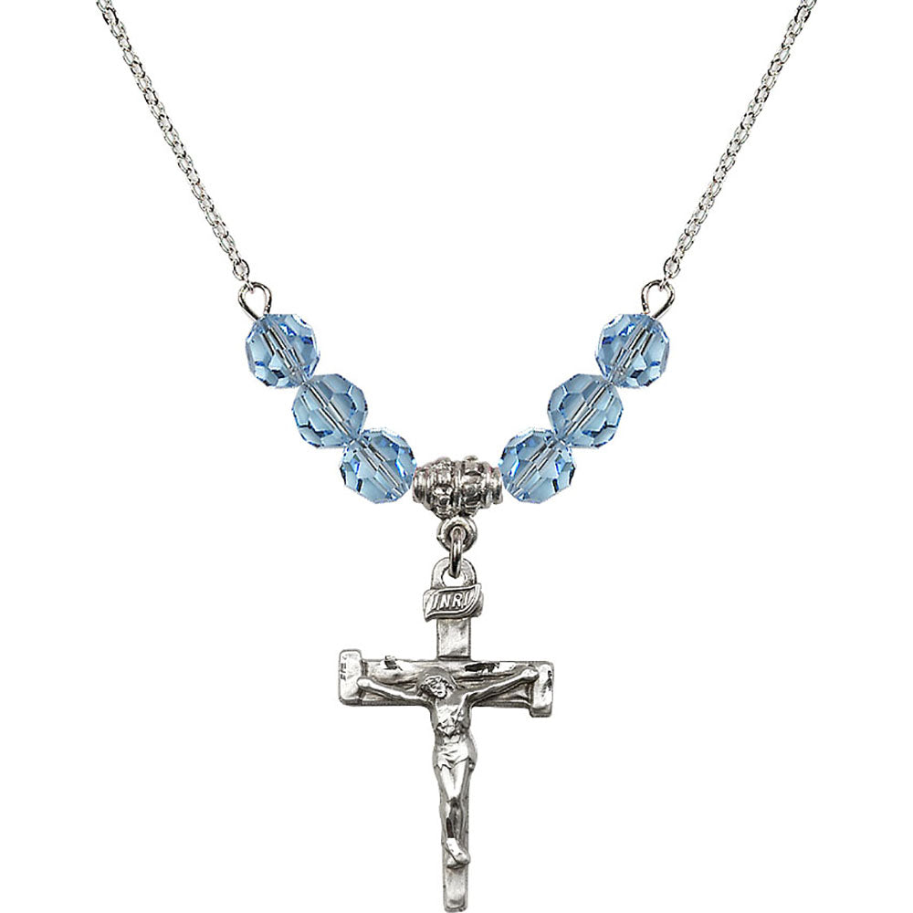 Sterling Silver Nail Crucifix Birthstone Necklace with Aqua Beads - 0073