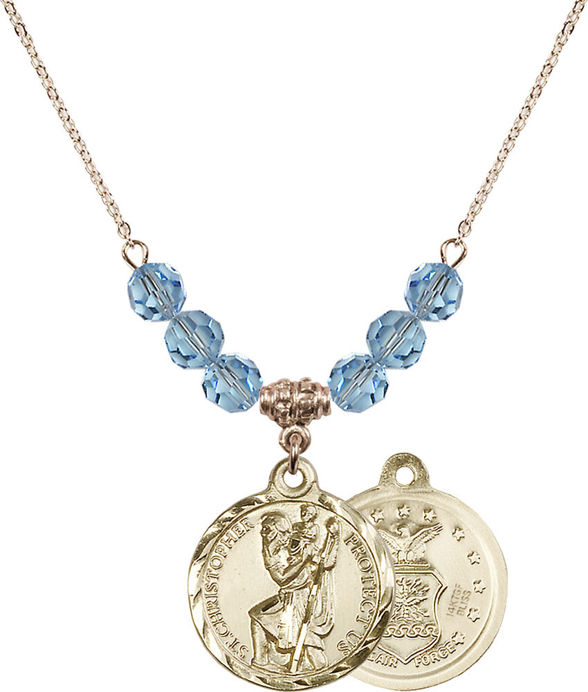 14kt Gold Filled Saint Christopher / Air Force Birthstone Necklace with Aqua Beads - 0192