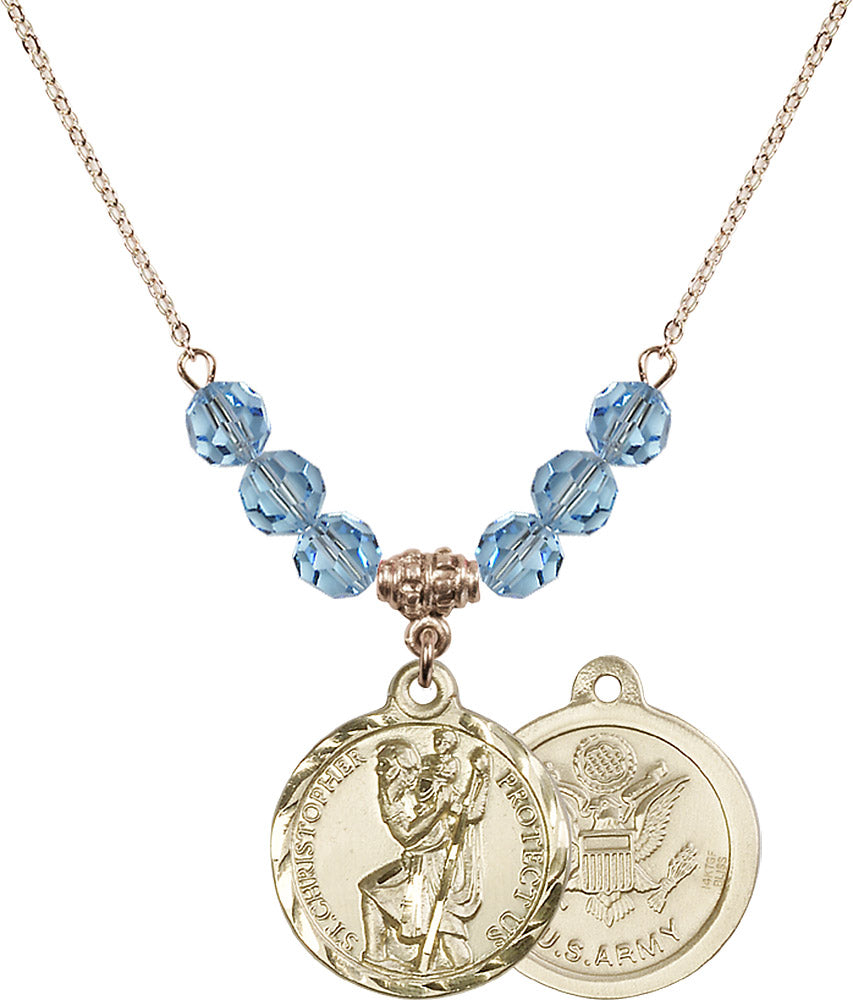 14kt Gold Filled Saint Christopher / Army Birthstone Necklace with Aqua Beads - 0192