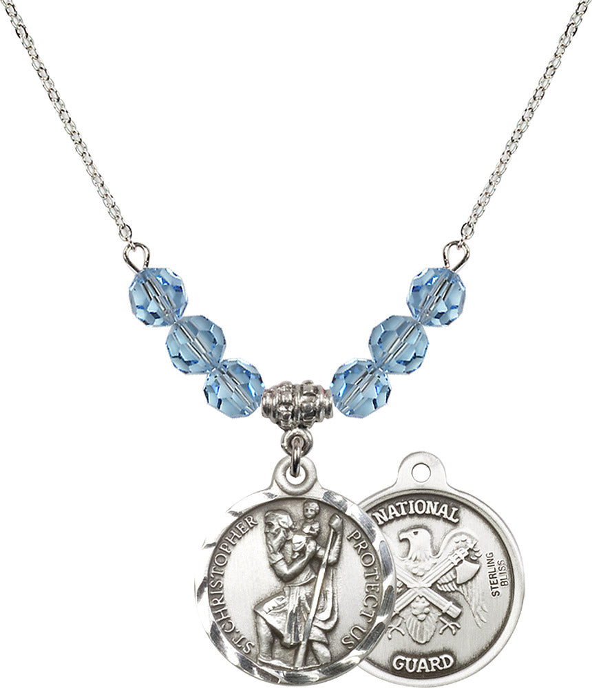 Sterling Silver Saint Christopher / Nat'l Guard Birthstone Necklace with Aqua Beads - 0192