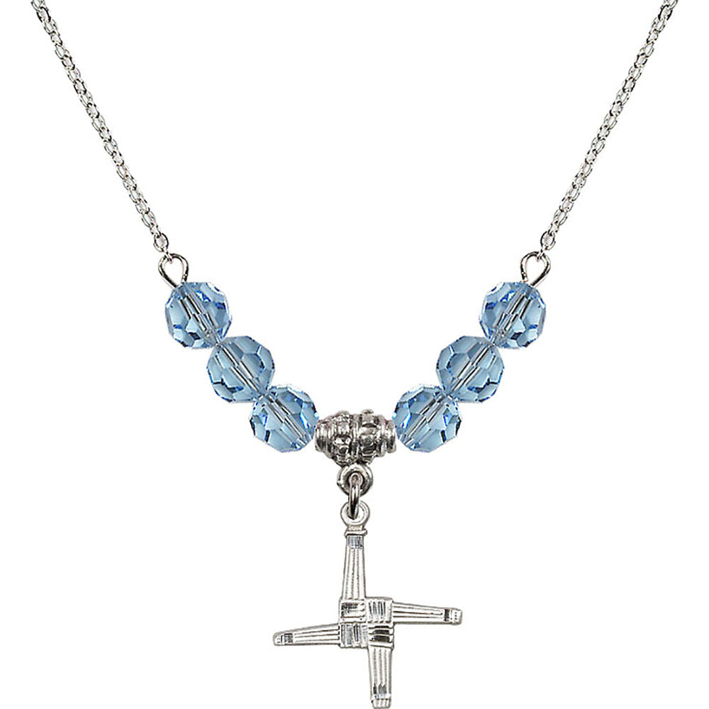 Sterling Silver Saint Brigid Cross Birthstone Necklace with Aqua Beads - 0290