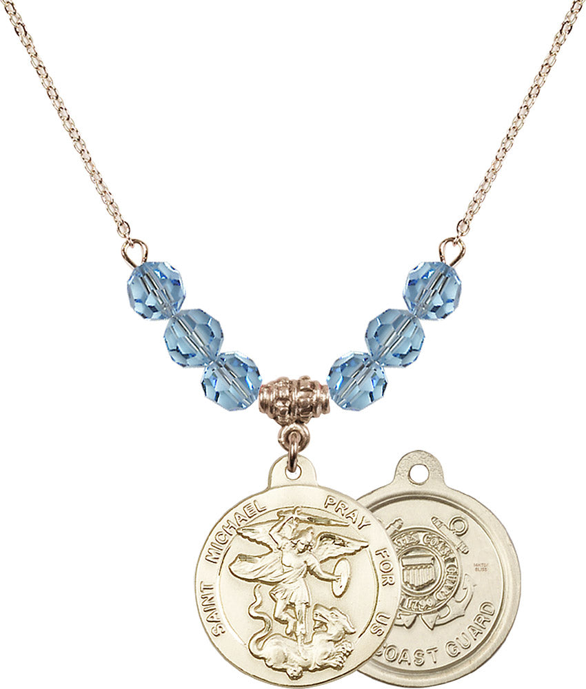 14kt Gold Filled Saint Michael / Coast Guard Birthstone Necklace with Aqua Beads - 0342