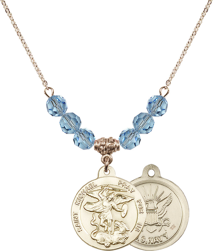 14kt Gold Filled Saint Michael / Navy Birthstone Necklace with Aqua Beads - 0342