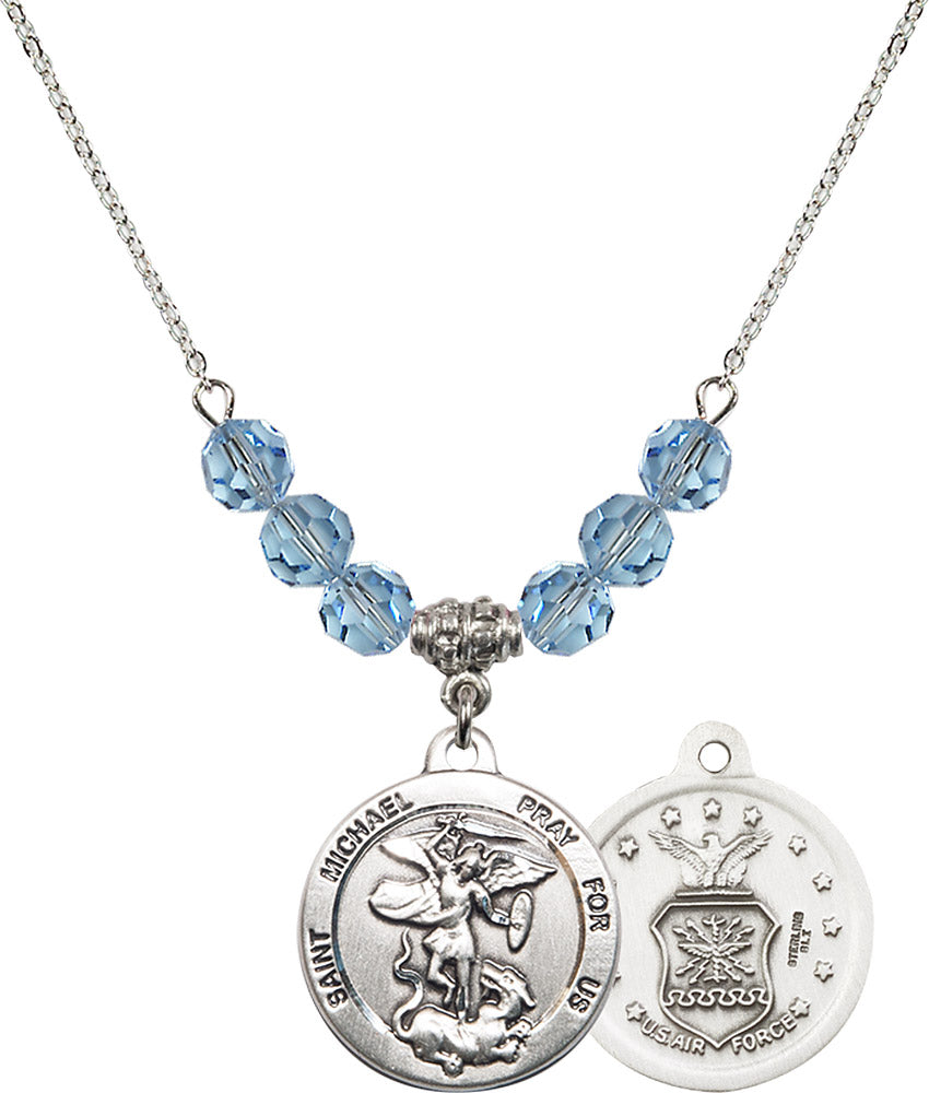 Sterling Silver Saint Michael / Air Force Birthstone Necklace with Aqua Beads - 0342