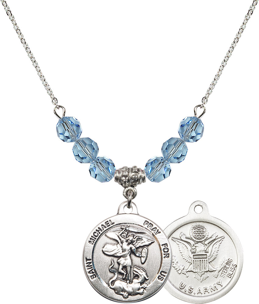 Sterling Silver Saint Michael / Army Birthstone Necklace with Aqua Beads - 0342