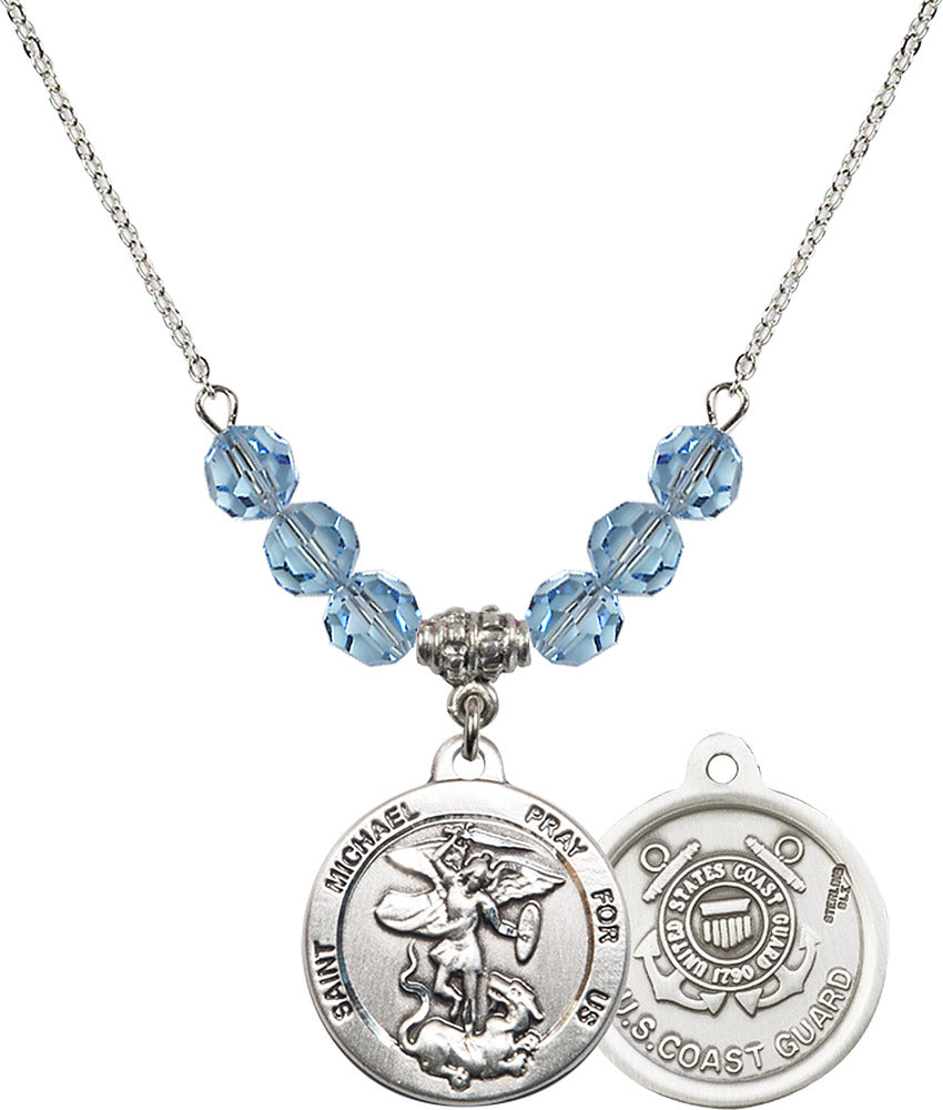 Sterling Silver Saint Michael / Coast Guard Birthstone Necklace with Aqua Beads - 0342