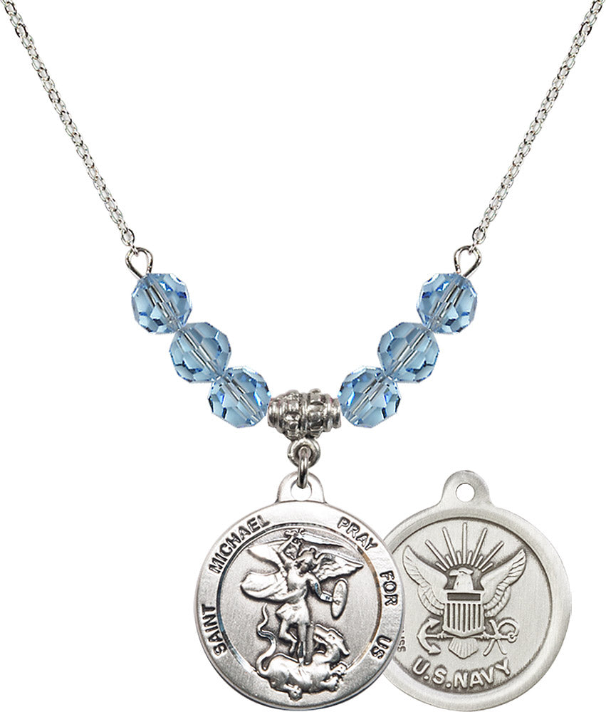 Sterling Silver Saint Michael / Navy Birthstone Necklace with Aqua Beads - 0342