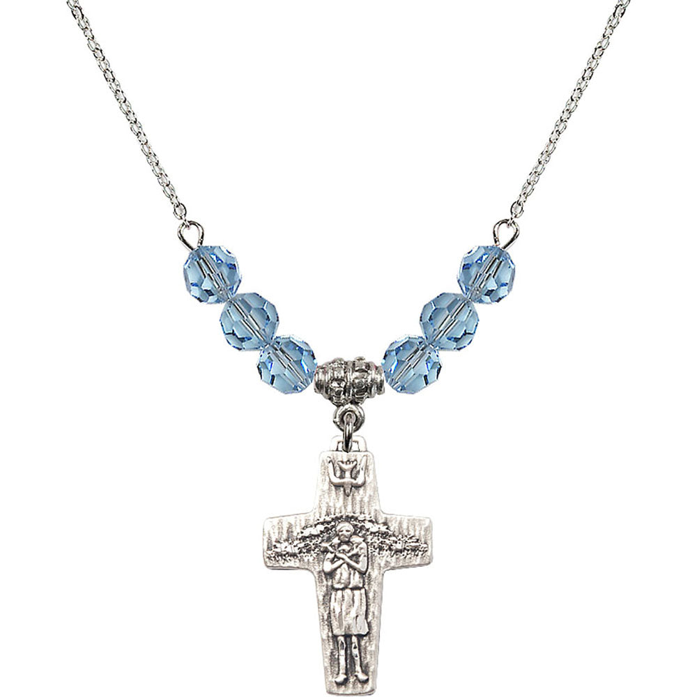 Sterling Silver Papal Crucifix Birthstone Necklace with Aqua Beads - 0569