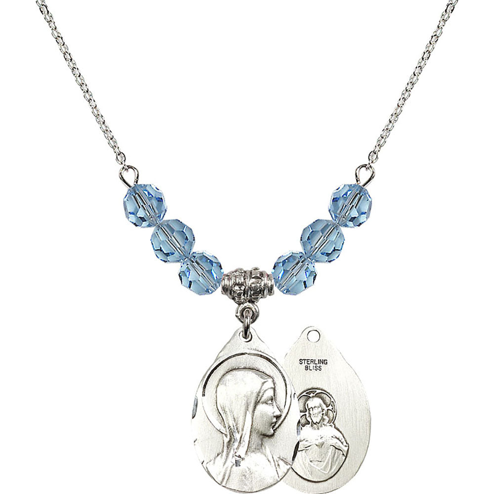 Sterling Silver Sorrowful Mother Birthstone Necklace with Aqua Beads - 0599
