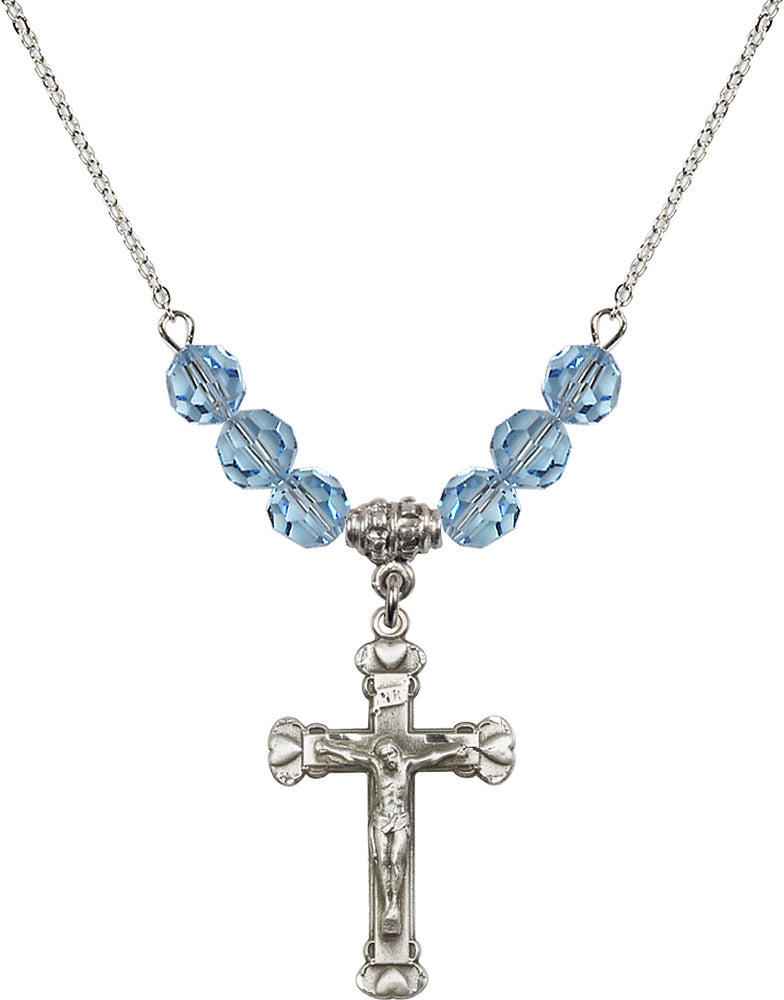 Sterling Silver Crucifix Birthstone Necklace with Aqua Beads - 0620