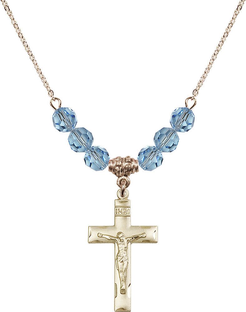 14kt Gold Filled Crucifix Birthstone Necklace with Aqua Beads - 0624