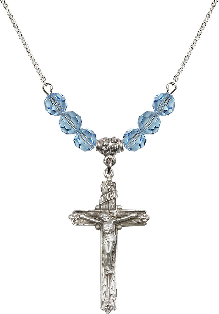 Sterling Silver Crucifix Birthstone Necklace with Aqua Beads - 0655