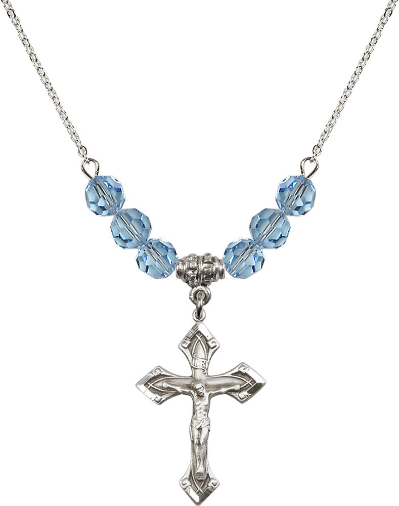 Sterling Silver Crucifix Birthstone Necklace with Aqua Beads - 0663