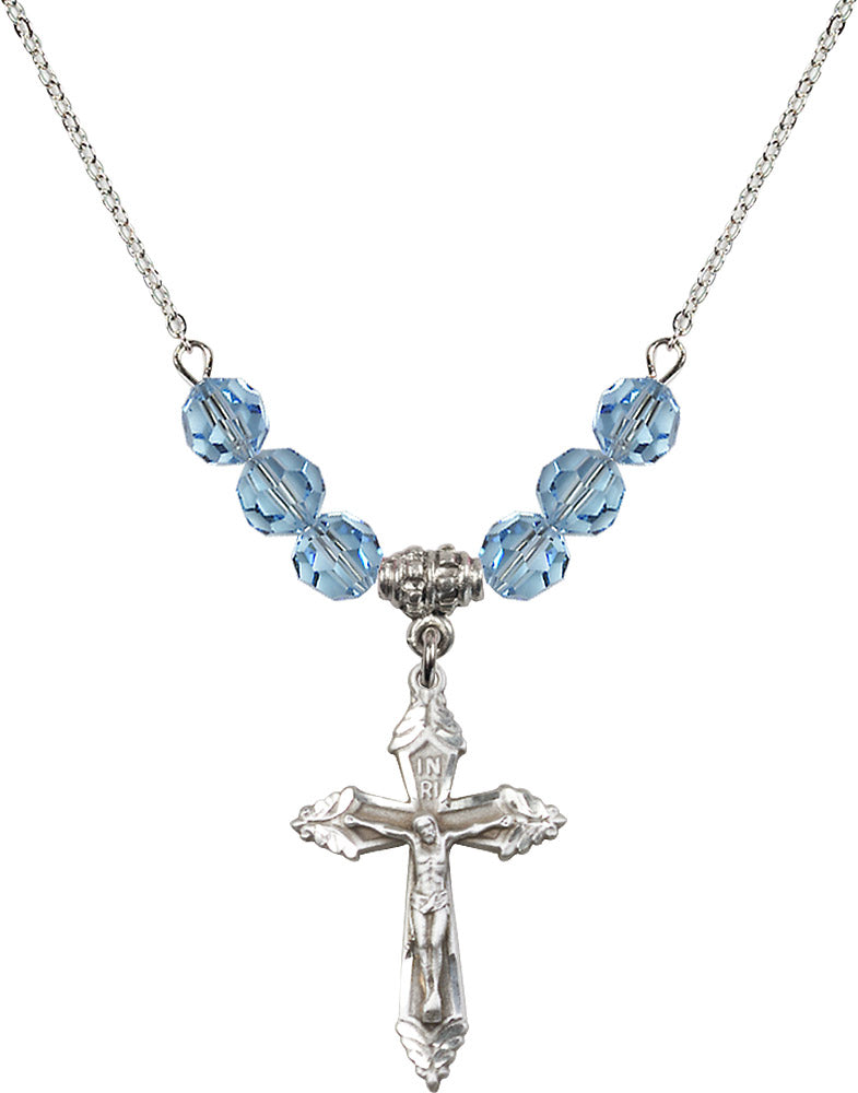 Sterling Silver Crucifix Birthstone Necklace with Aqua Beads - 0665