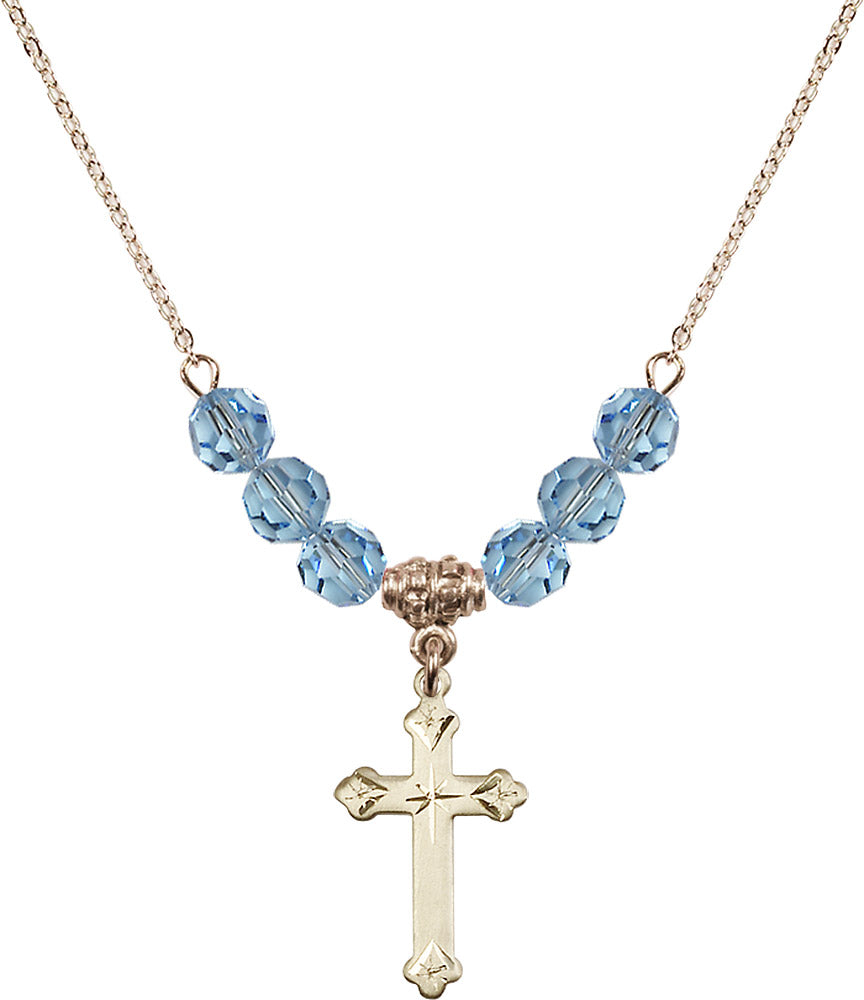 14kt Gold Filled Cross Birthstone Necklace with Aqua Beads - 0667