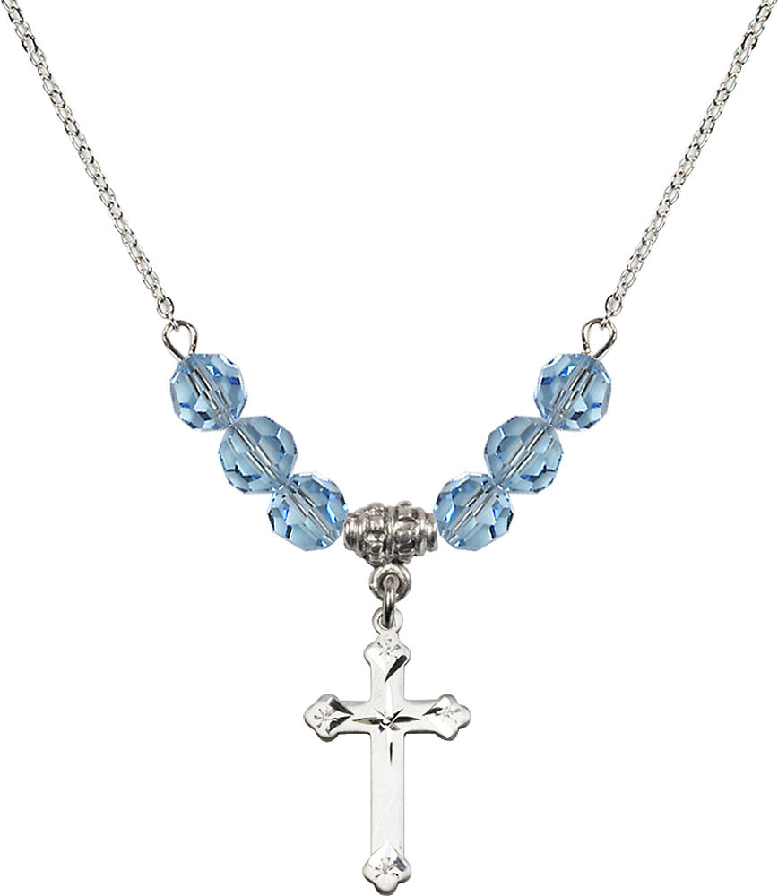 Sterling Silver Cross Birthstone Necklace with Aqua Beads - 0667