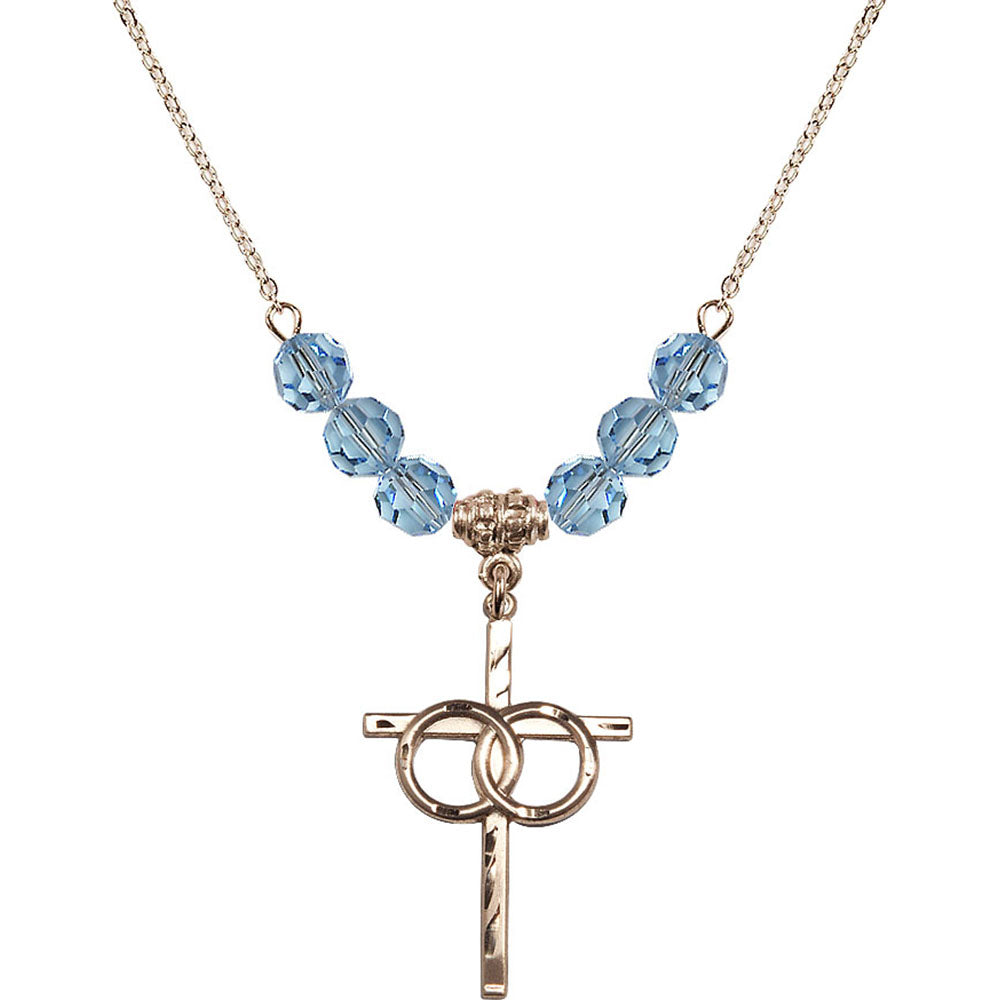 14kt Gold Filled Wedding Rings Cross Birthstone Necklace with Aqua Beads - 0671
