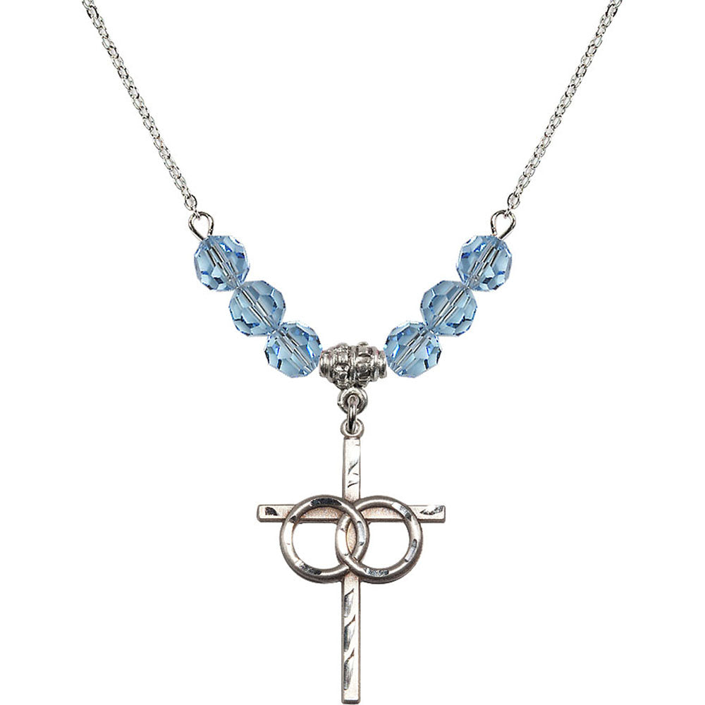 Sterling Silver Wedding Rings Cross Birthstone Necklace with Aqua Beads - 0671