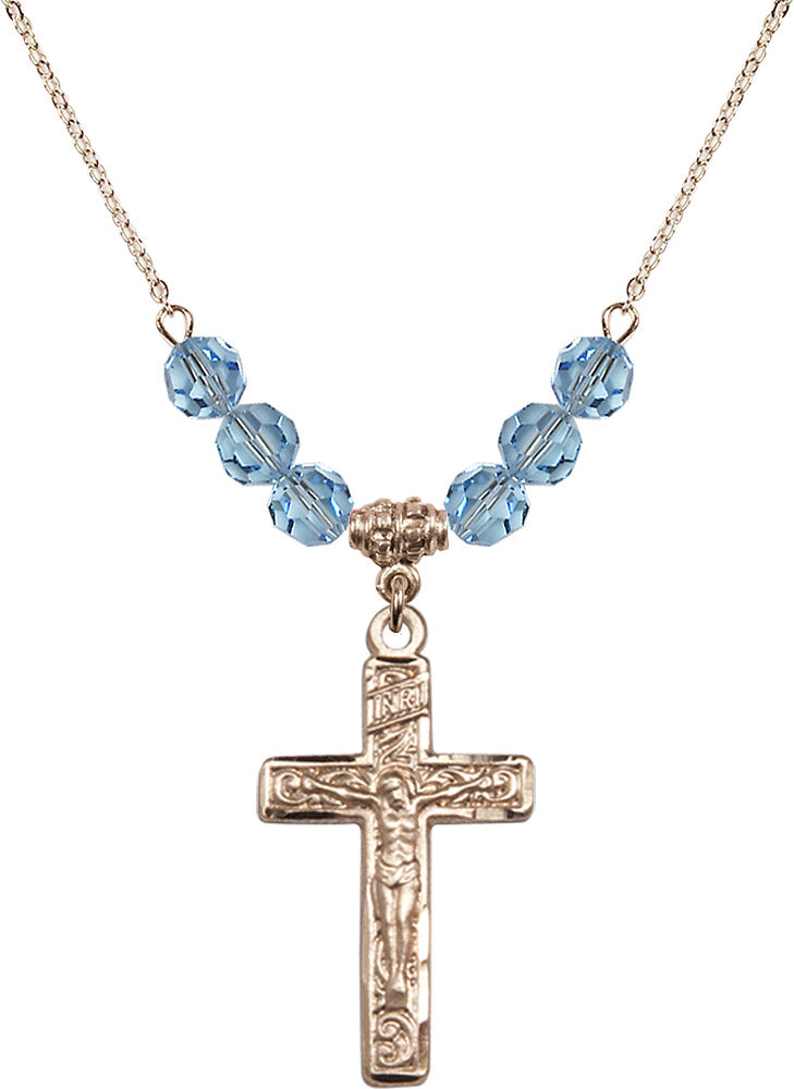 14kt Gold Filled Crucifix Birthstone Necklace with Aqua Beads - 0674