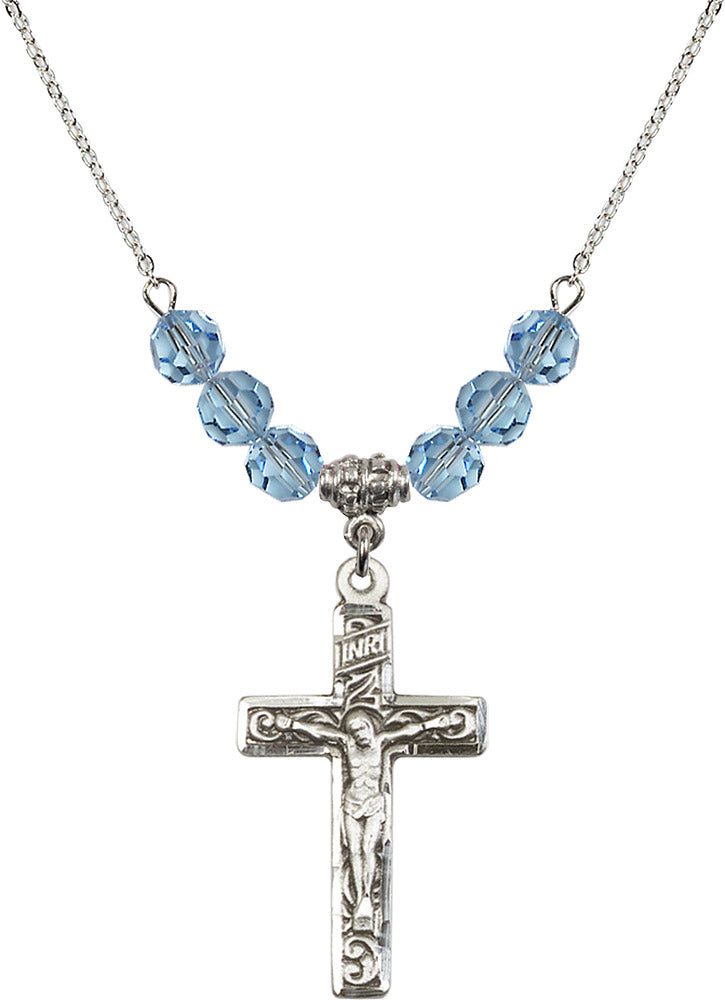 Sterling Silver Crucifix Birthstone Necklace with Aqua Beads - 0674