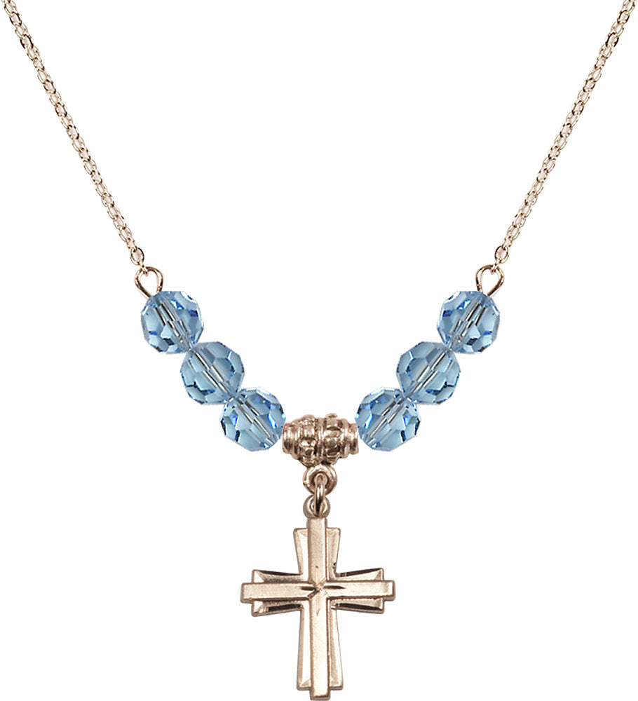 14kt Gold Filled Cross Birthstone Necklace with Aqua Beads - 0675