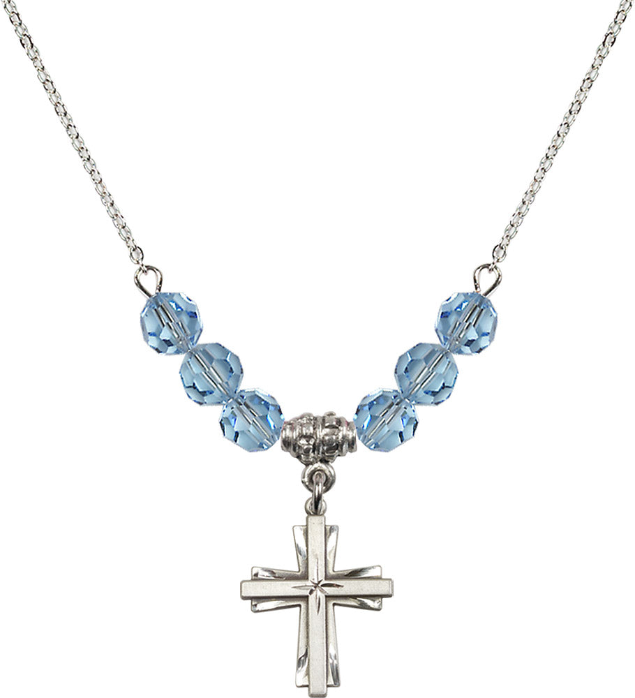 Sterling Silver Cross Birthstone Necklace with Aqua Beads - 0675