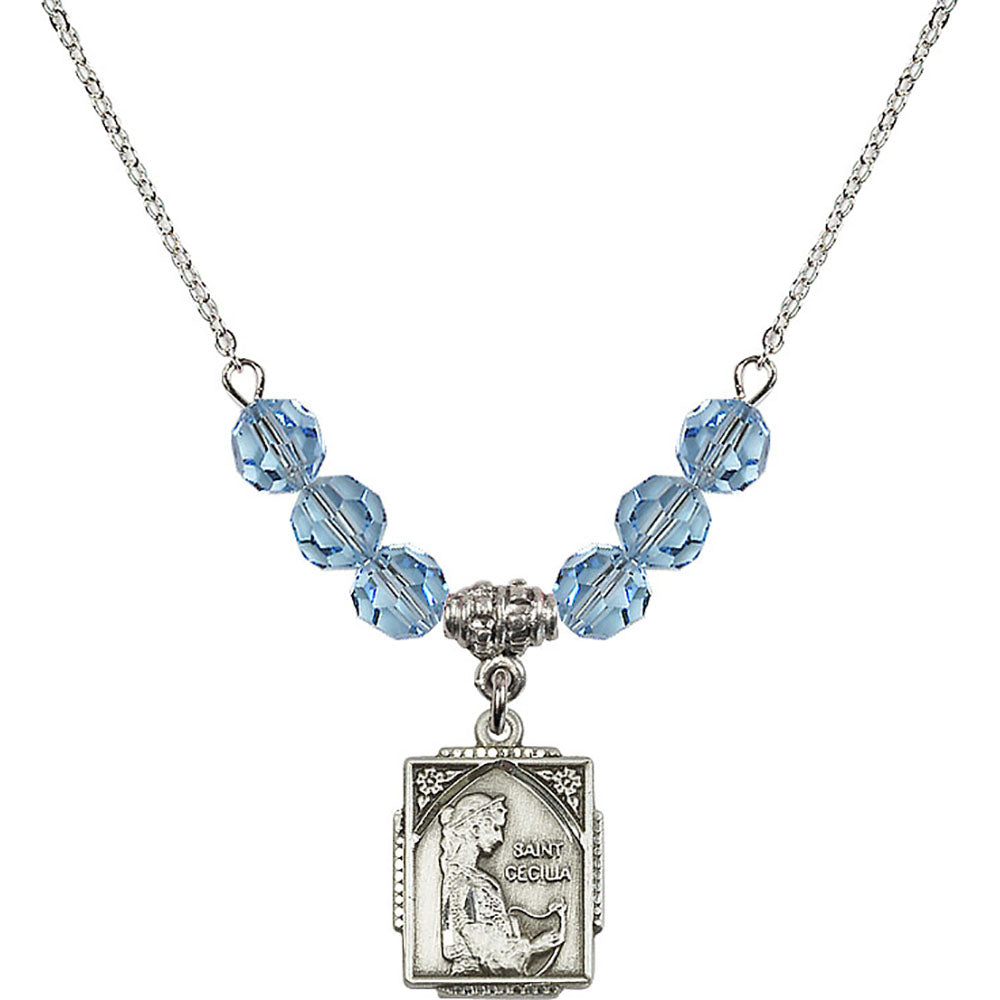 Sterling Silver Saint Cecilia Birthstone Necklace with Aqua Beads - 0804