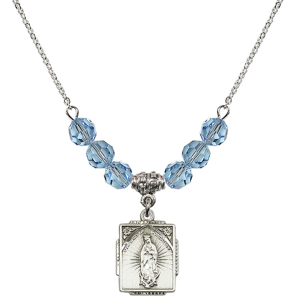 Sterling Silver Our Lady of Guadalupe Birthstone Necklace with Aqua Beads - 0804