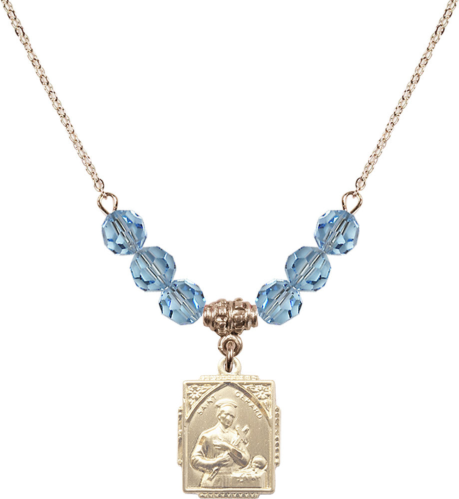 14kt Gold Filled Saint Gerard Birthstone Necklace with Aqua Beads - 0804