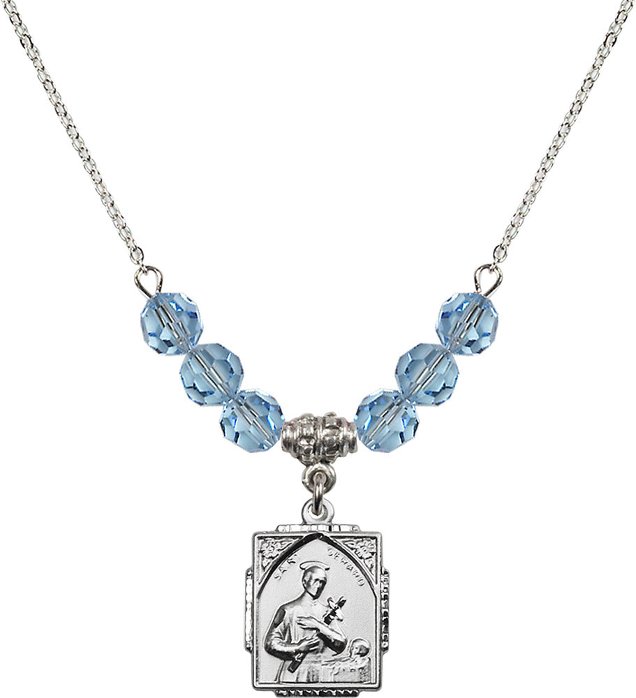 Sterling Silver Saint Gerard Birthstone Necklace with Aqua Beads - 0804