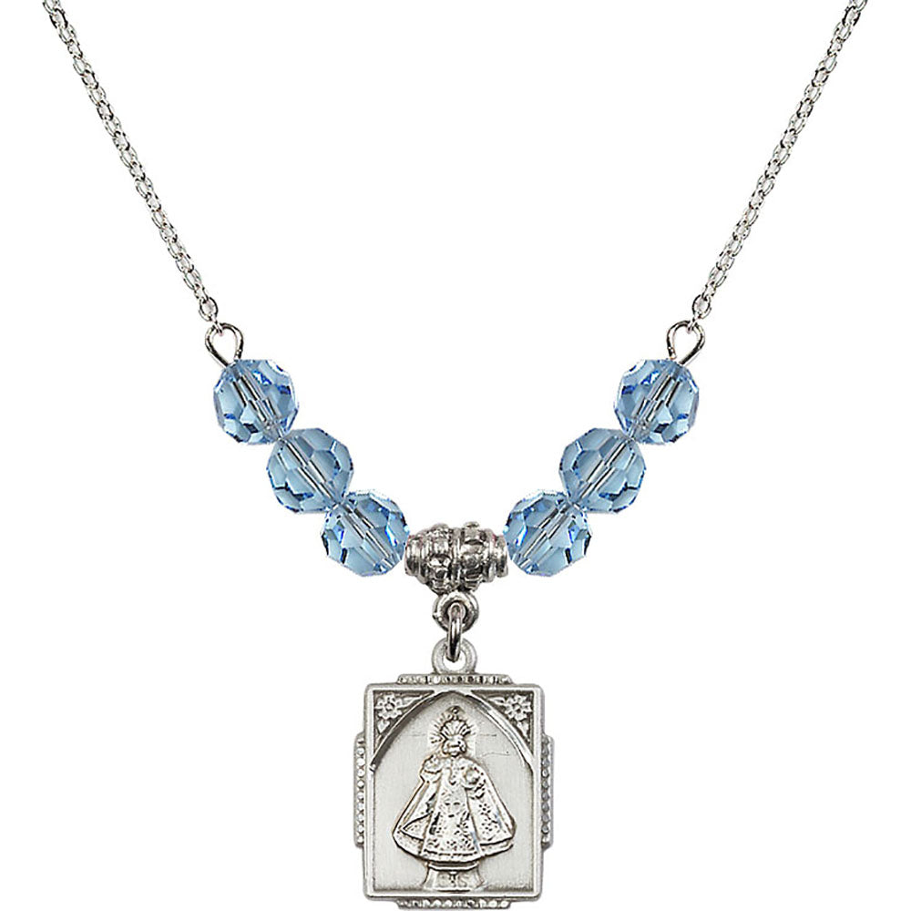 Sterling Silver Infant of Prague Birthstone Necklace with Aqua Beads - 0804