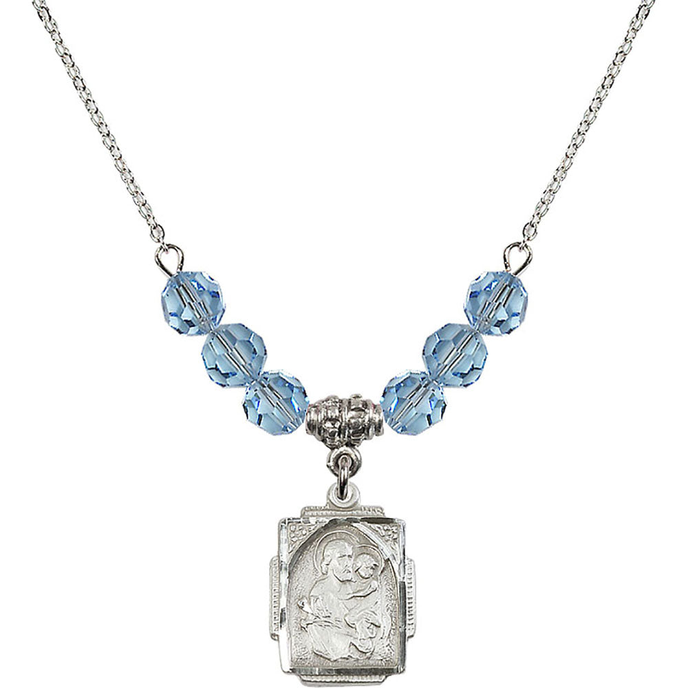 Sterling Silver Saint Joseph Birthstone Necklace with Aqua Beads - 0804