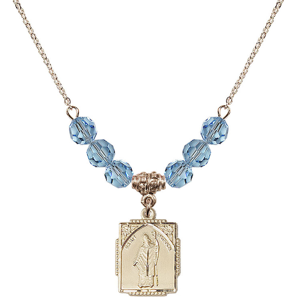 14kt Gold Filled Saint Patrick Birthstone Necklace with Aqua Beads - 0804