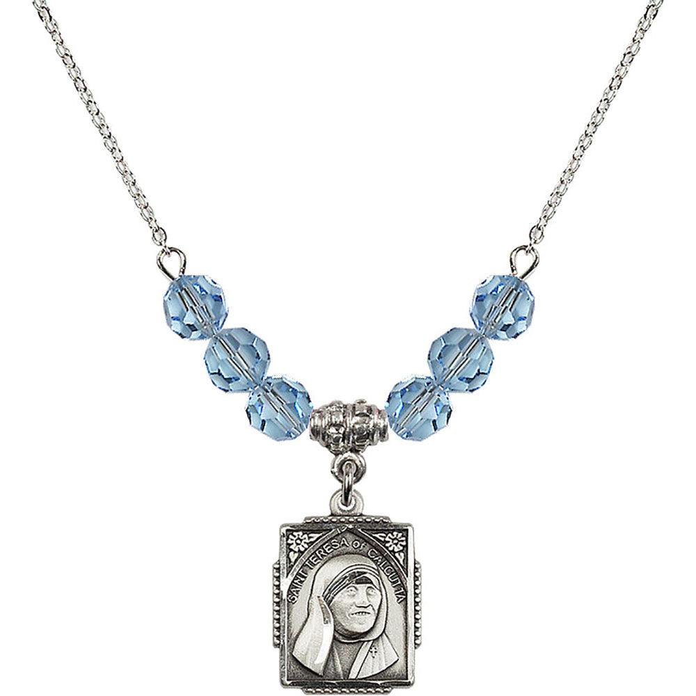 Sterling Silver Saint Teresa of Calcutta Birthstone Necklace with Aqua Beads - 0804
