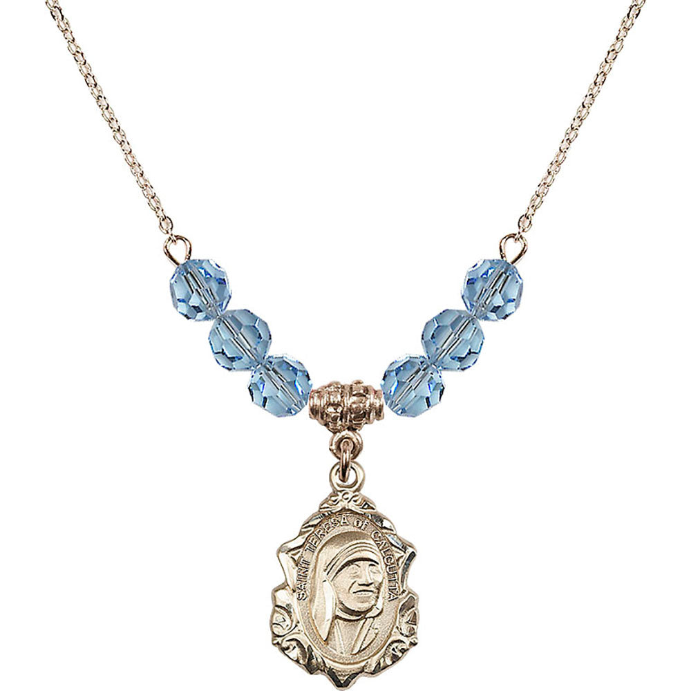 14kt Gold Filled Saint Teresa of Calcutta Birthstone Necklace with Aqua Beads - 0812
