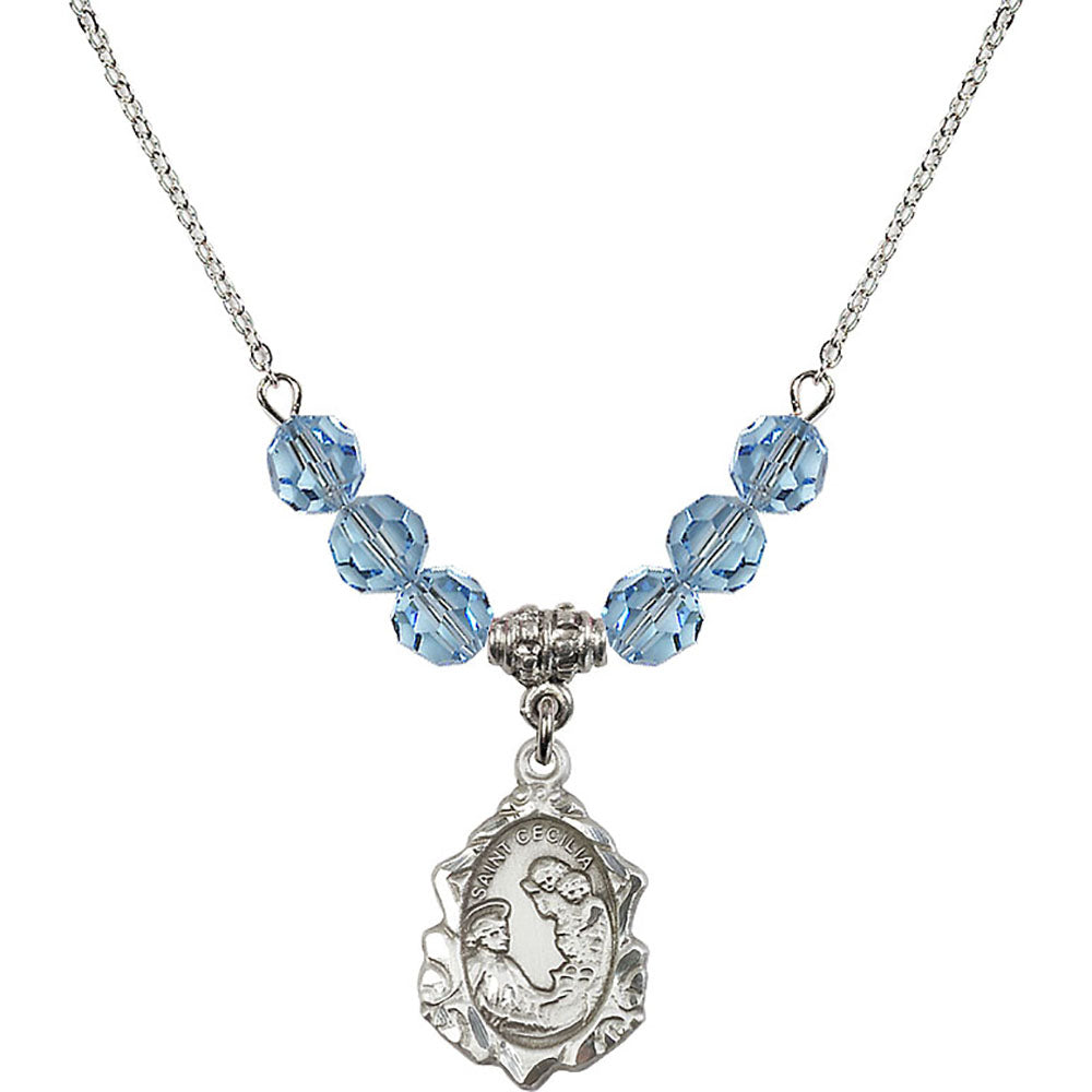 Sterling Silver Saint Cecilia Birthstone Necklace with Aqua Beads - 0822