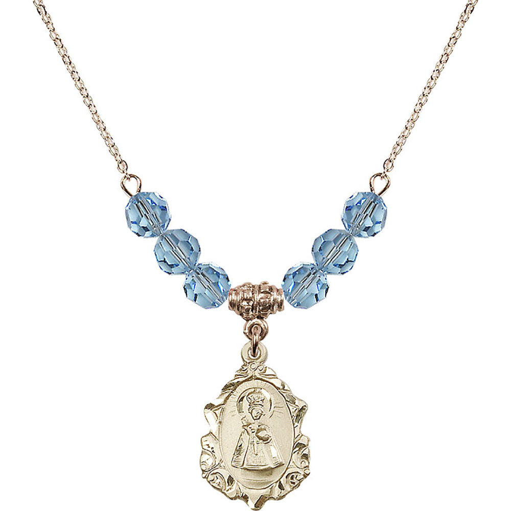 14kt Gold Filled Infant of Prague Birthstone Necklace with Aqua Beads - 0822