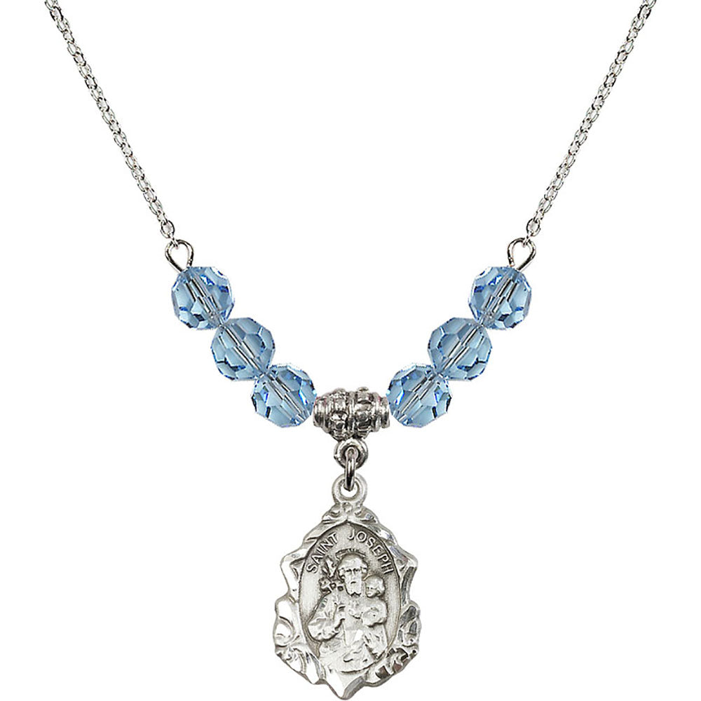 Sterling Silver Saint Joseph Birthstone Necklace with Aqua Beads - 0822