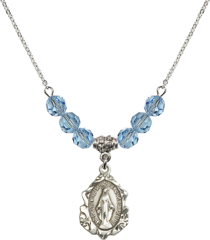 Sterling Silver Miraculous Birthstone Necklace with Aqua Beads - 0822