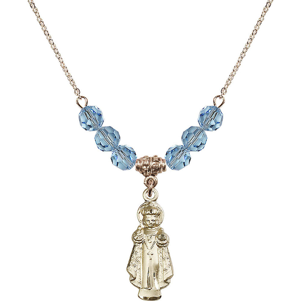 14kt Gold Filled Infant of Prague Birthstone Necklace with Aqua Beads - 0824