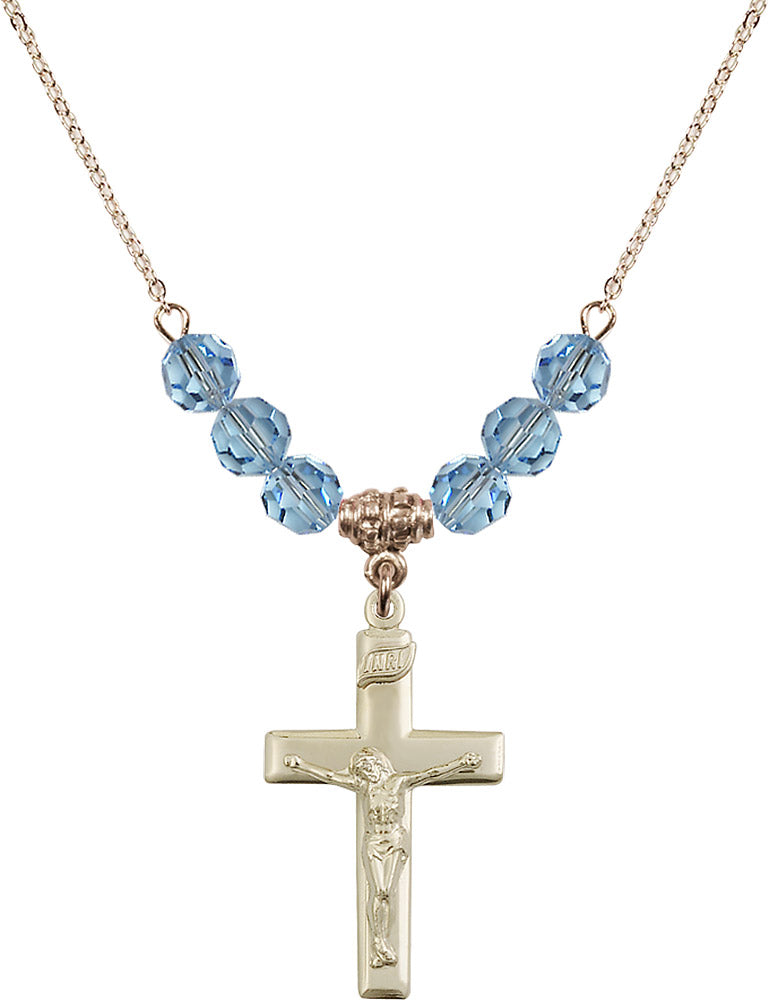 14kt Gold Filled Crucifix Birthstone Necklace with Aqua Beads - 2191