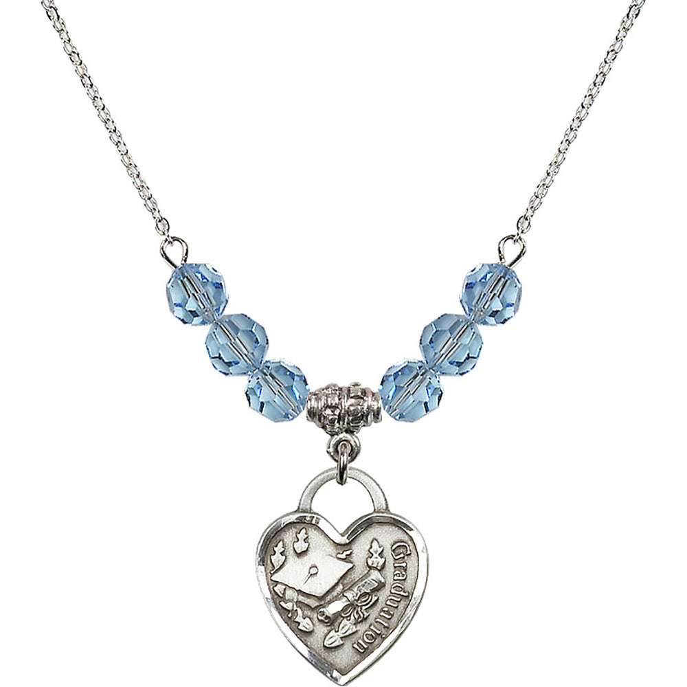 Sterling Silver Graduation Heart Birthstone Necklace with Aqua Beads - 3206