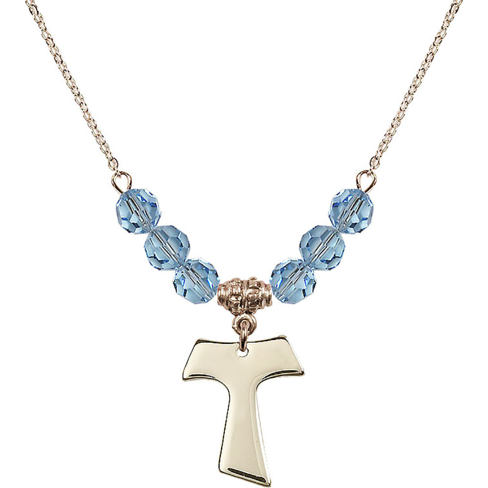 14kt Gold Filled Tau Cross Birthstone Necklace with Aqua Beads - 3948